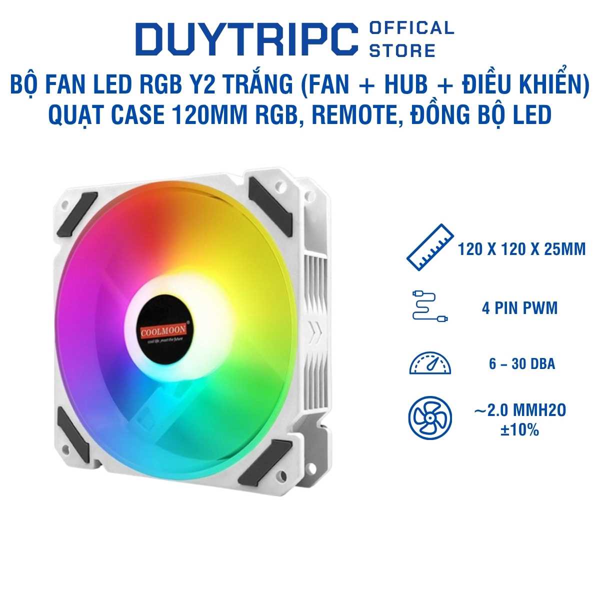 Bộ Fan LED RGB Y2 Trắng (Fan + Hub + Điều Khiển) – Quạt Case 120mm RGB, Remote, Đồng Bộ LED, Tản Nhiệt Mạnh